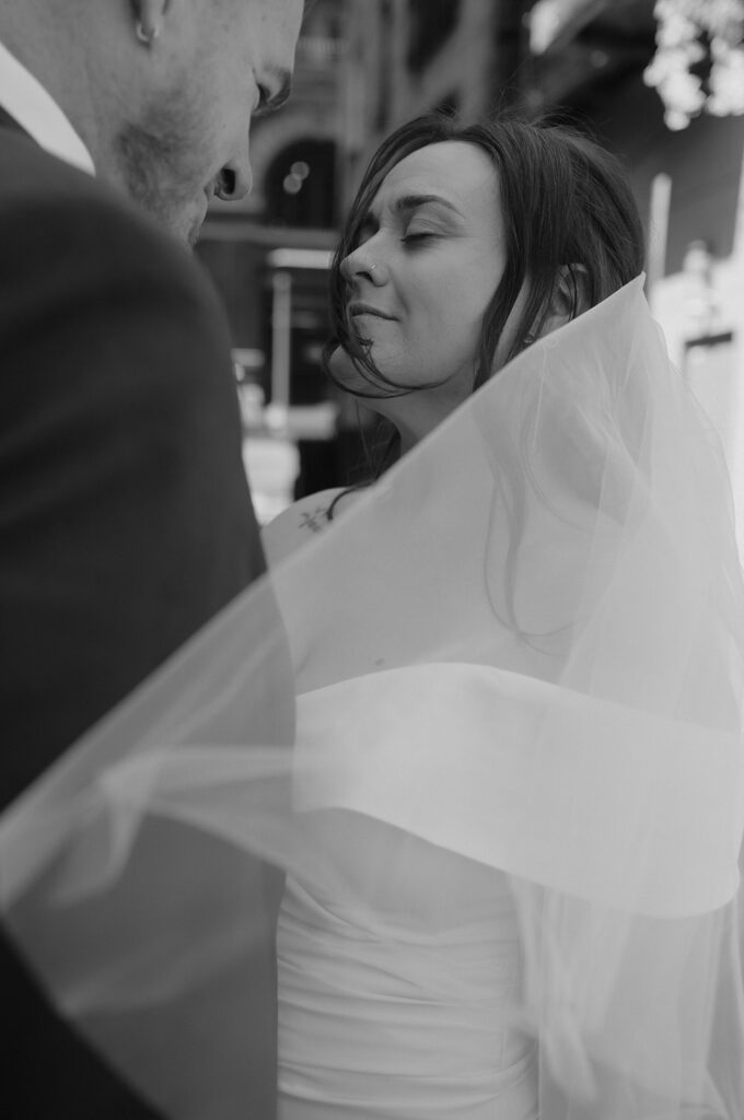 Close up romantic shot of a bride and groom for their Philadelphia elopement photos