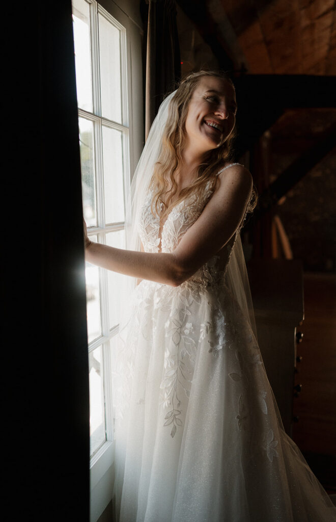 Bride smiling and looking back