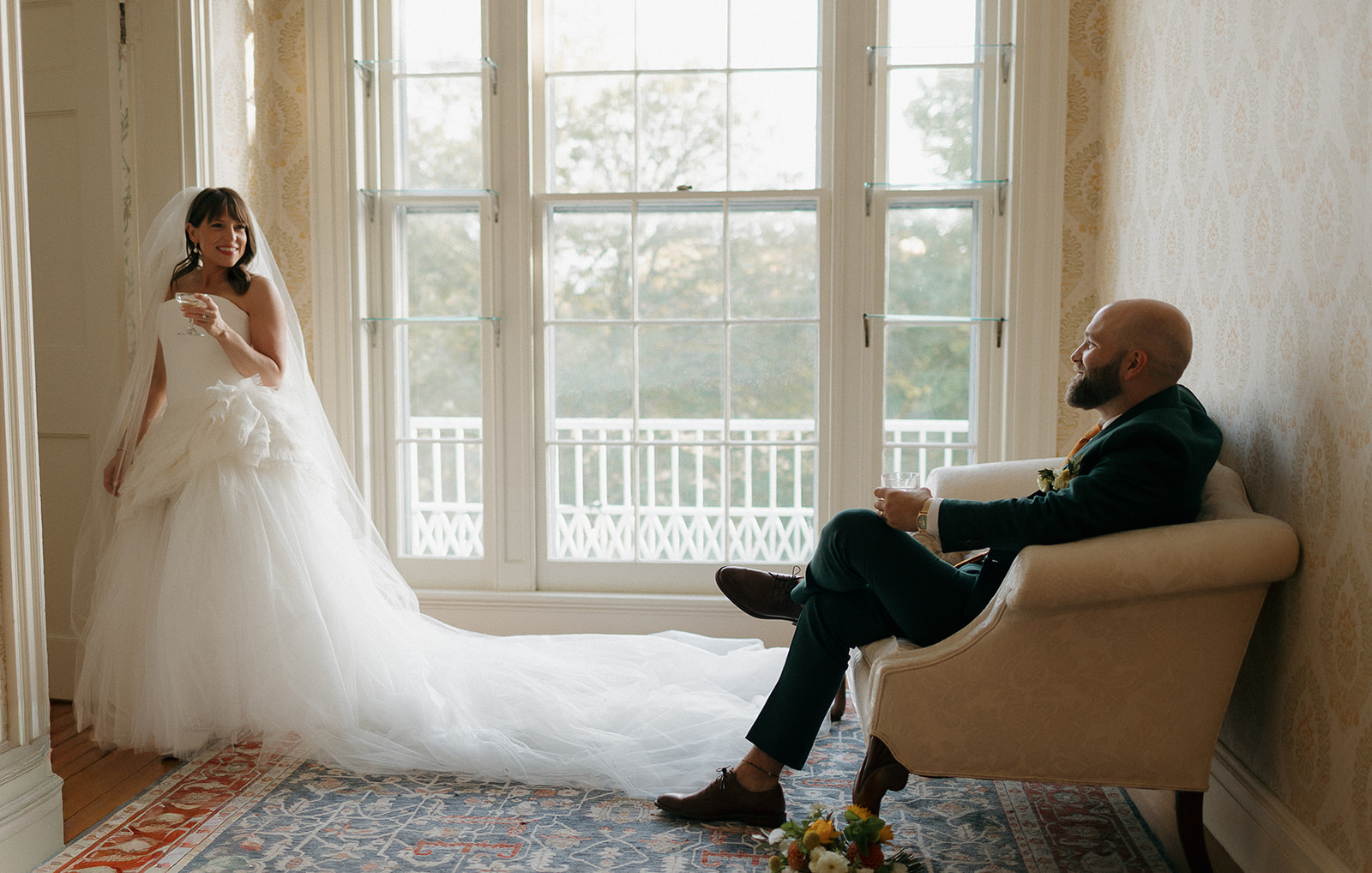 Indoor bride and grooms portraits in the Manor House at Stone Acres Farm in CT.