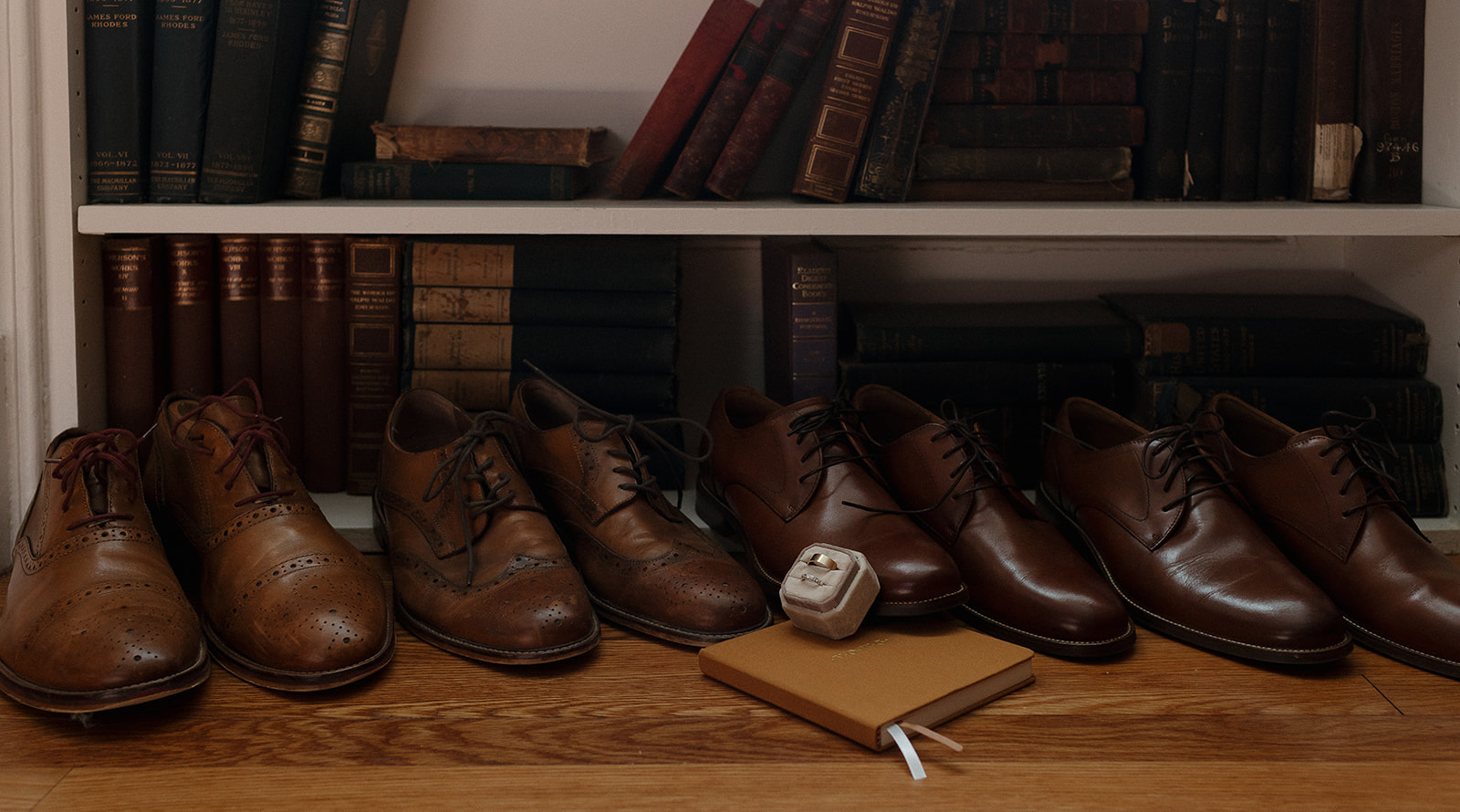 Groom and groomsmen shoes styled next to grooms rings and vow book.