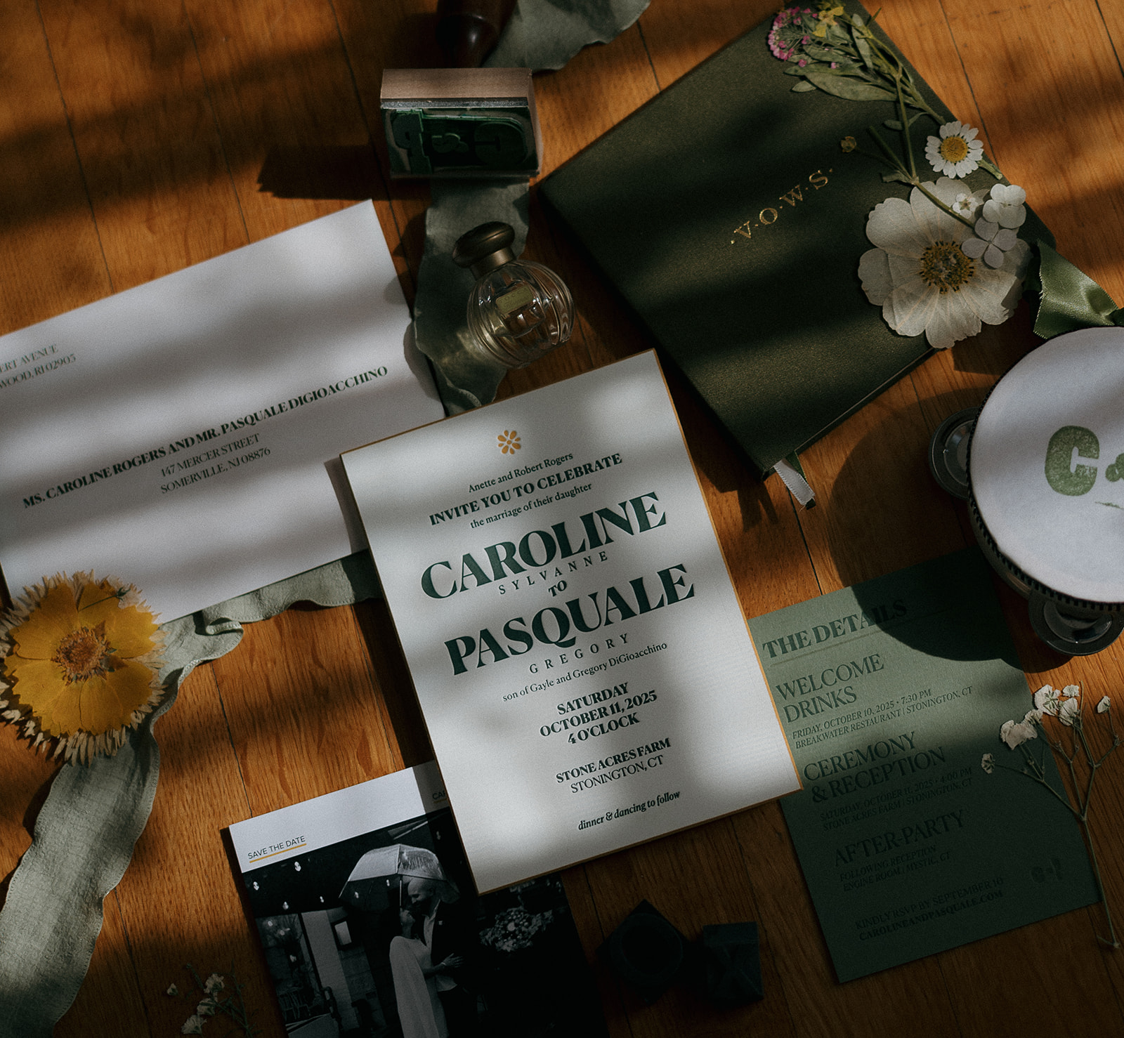Flatlay of wedding details from a Stone Acres Farm wedding in Stonington, CT