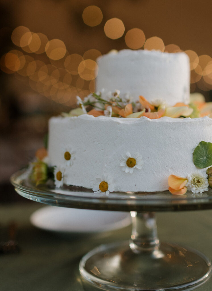 Two tiered wedding cake decorated with delicate florals. 