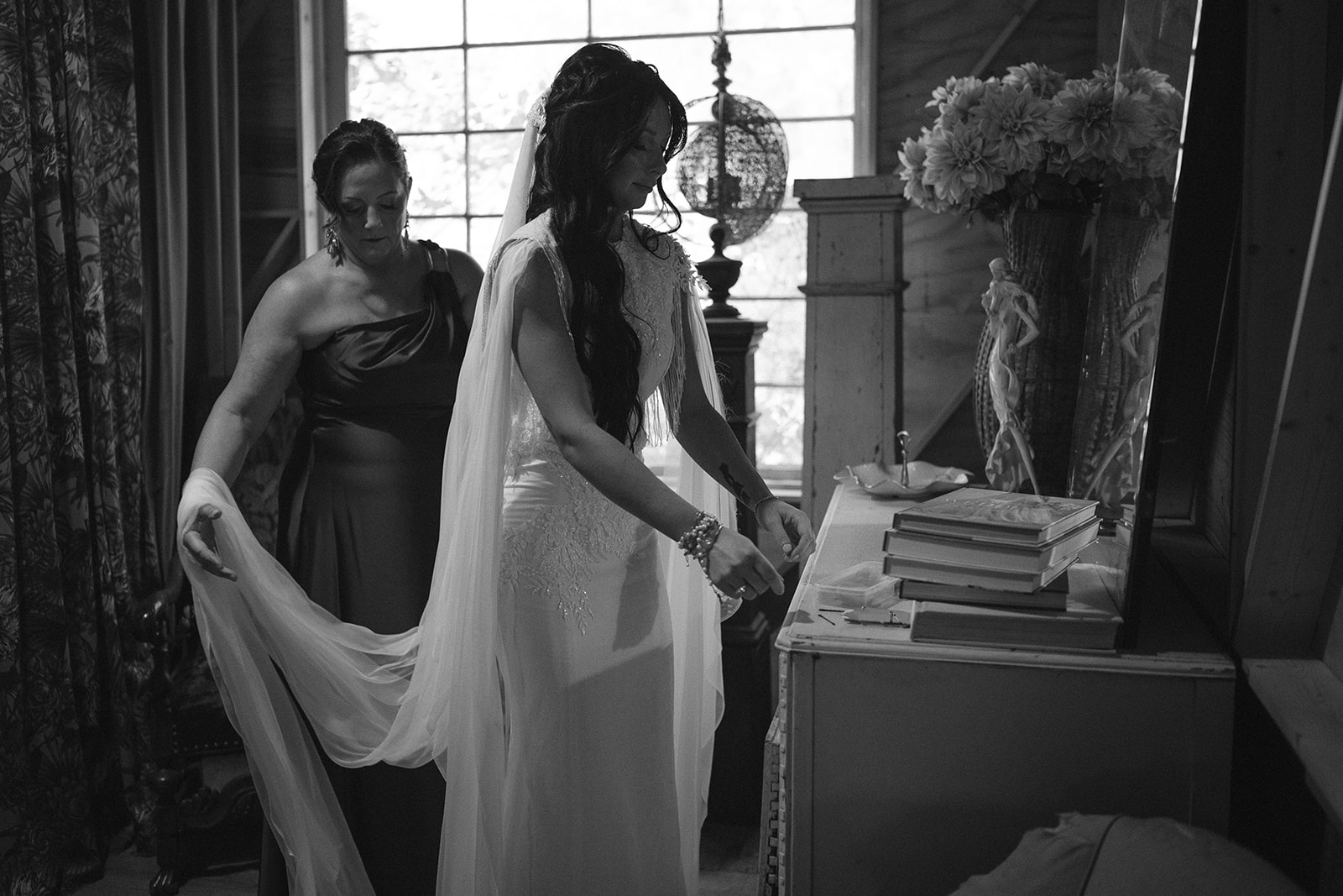 Cinematic style wedding photography of a bride as she gets ready for her day. 