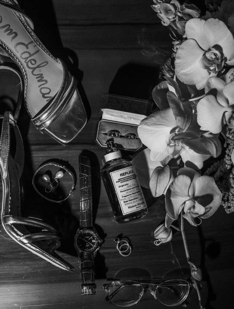 Black and white photo of bridal details.